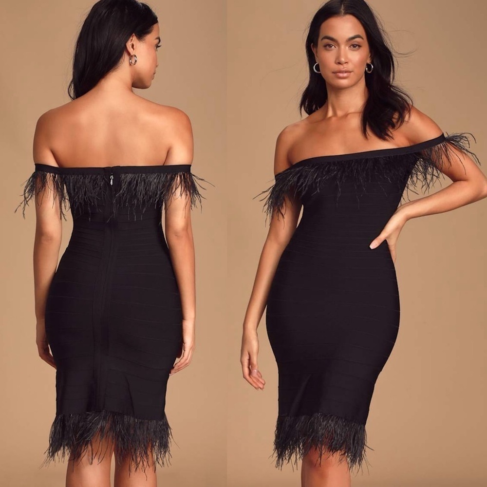 Elliatt Affection Black Feather Off-the-Shoulder Bandage Dress Small